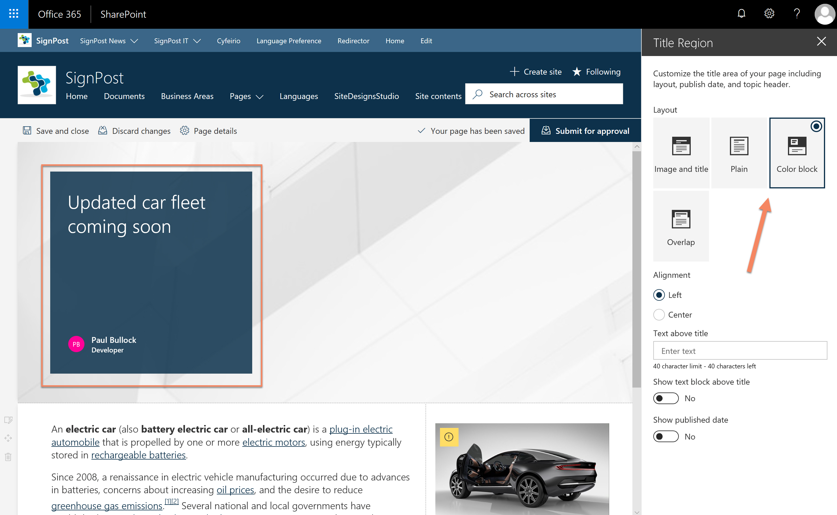 Page header in Color Block Mode