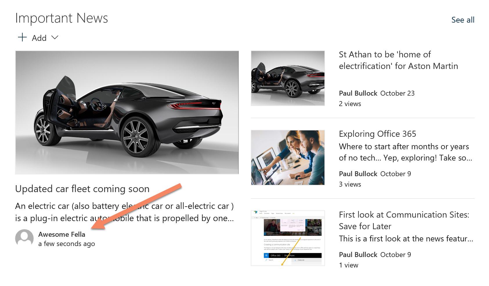 Screen shot of an updated author from the title area shown in the news web part