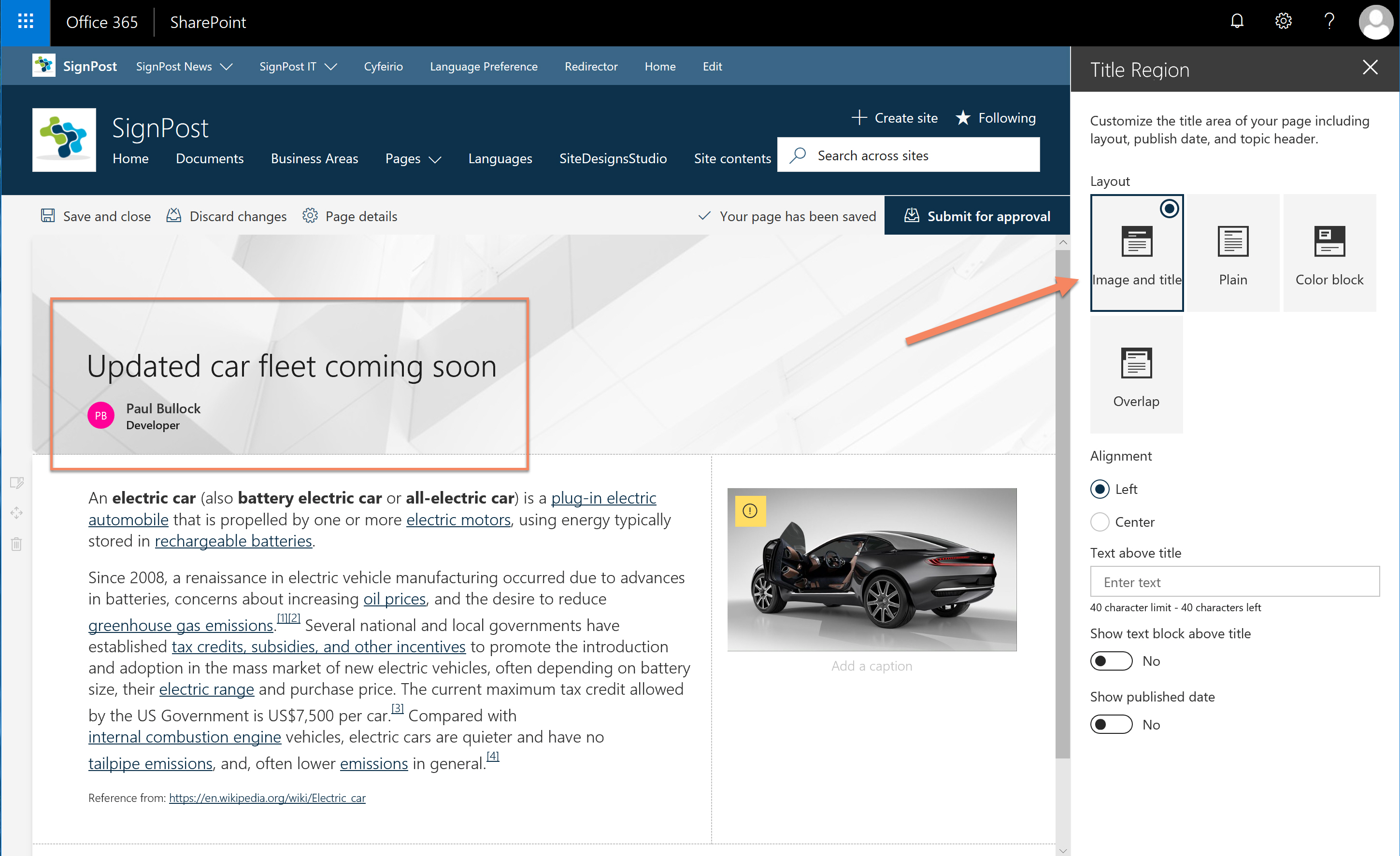 Page header in Image and Title Mode