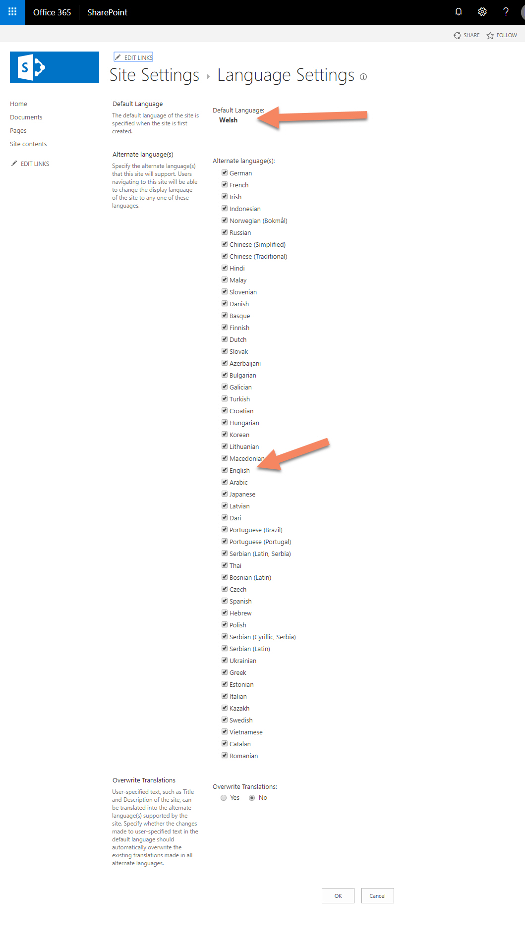 SharePoint Screenshot with a list of languages