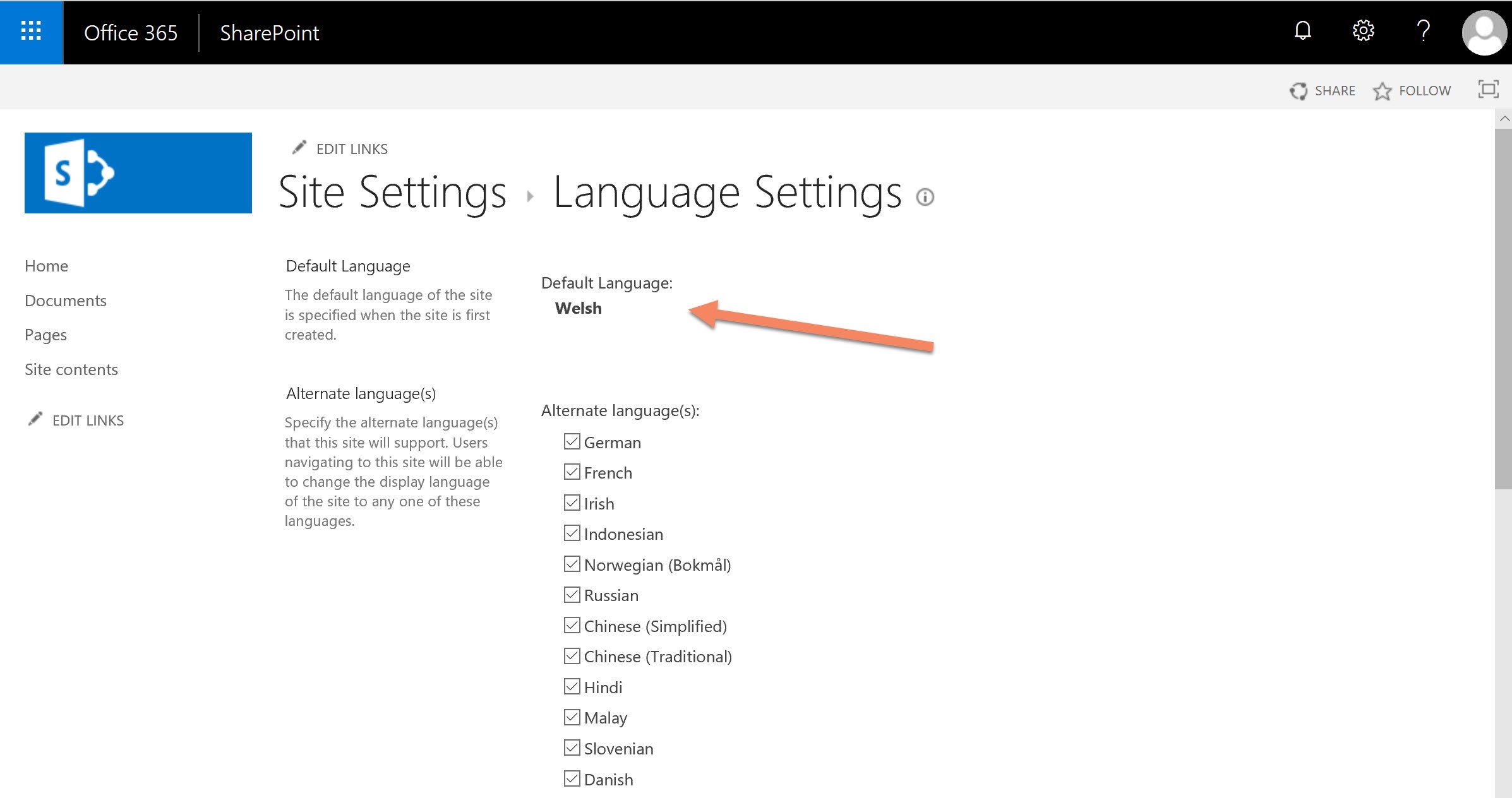 Image of new communication site with an arrow pointing to the welsh language as a default