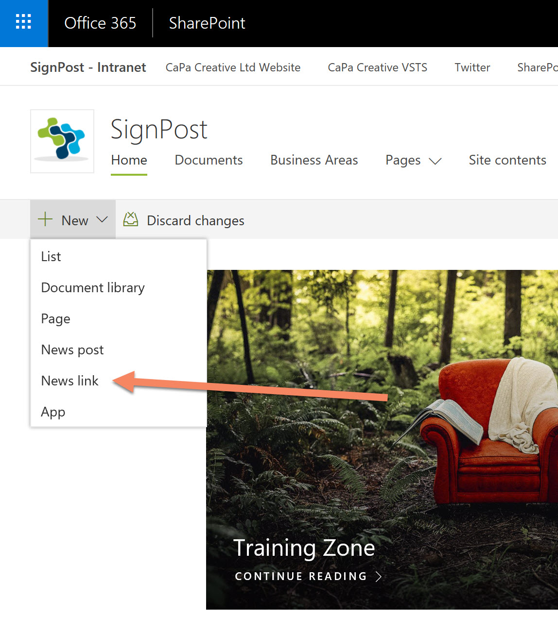 Screenshot of the page add news link button