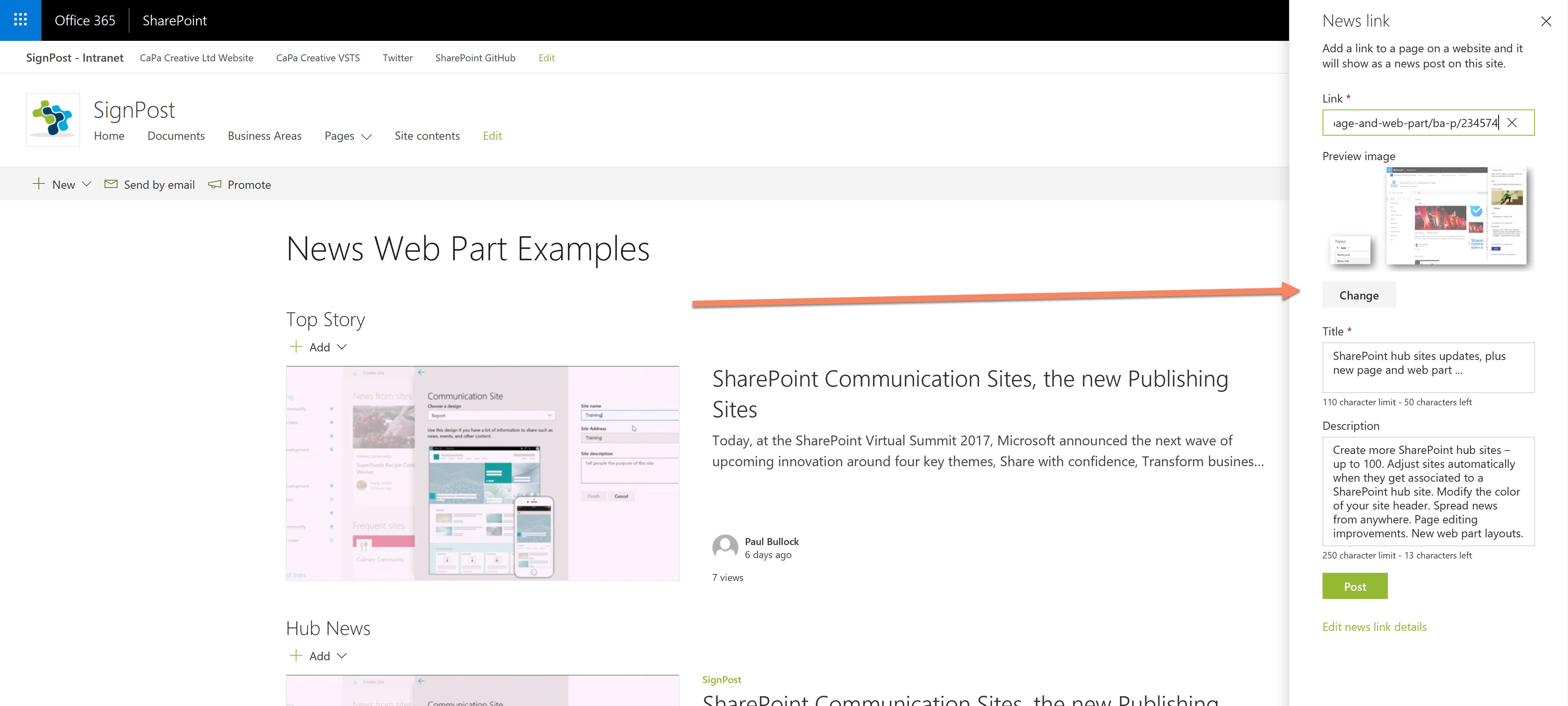 Screenshot of the webpart after the URL was added