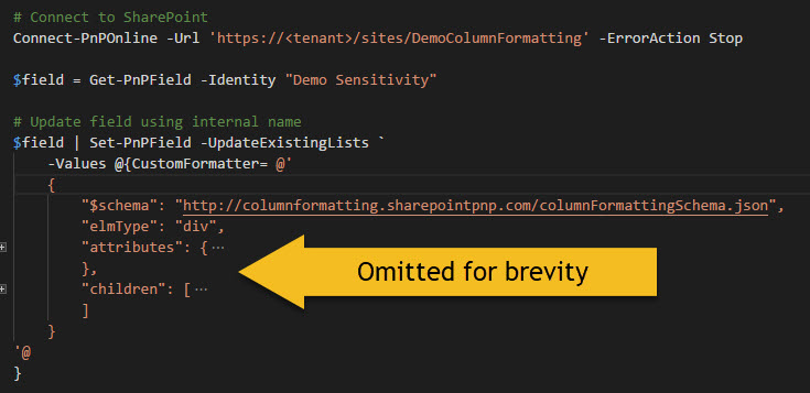 screenshot of the JSON to apply to a column