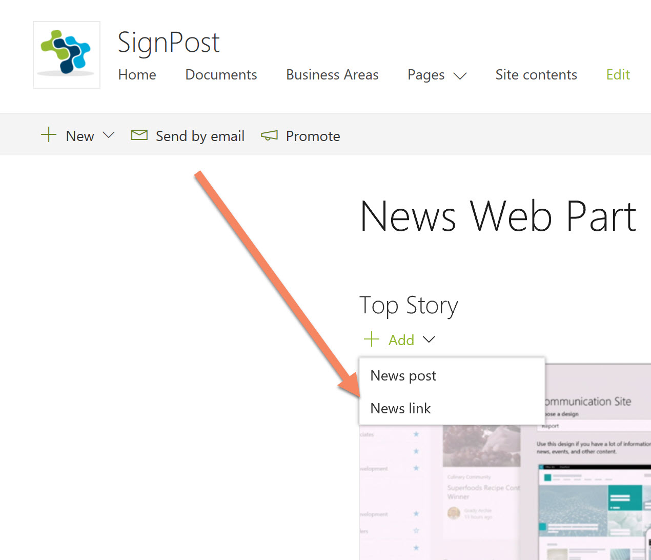 Screenshot of the webpart add news link button