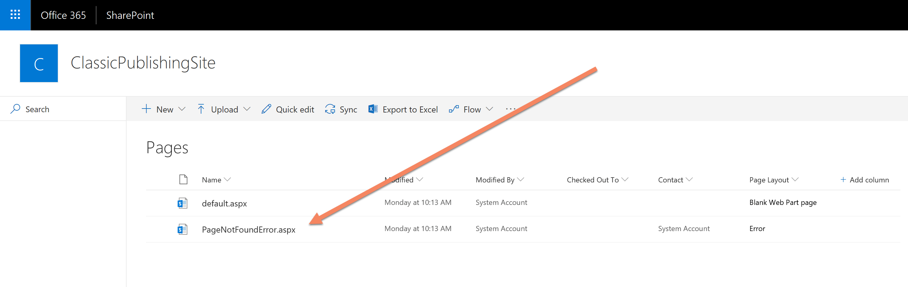 Screenshot of classic pages library with an error pointing to the 404 page