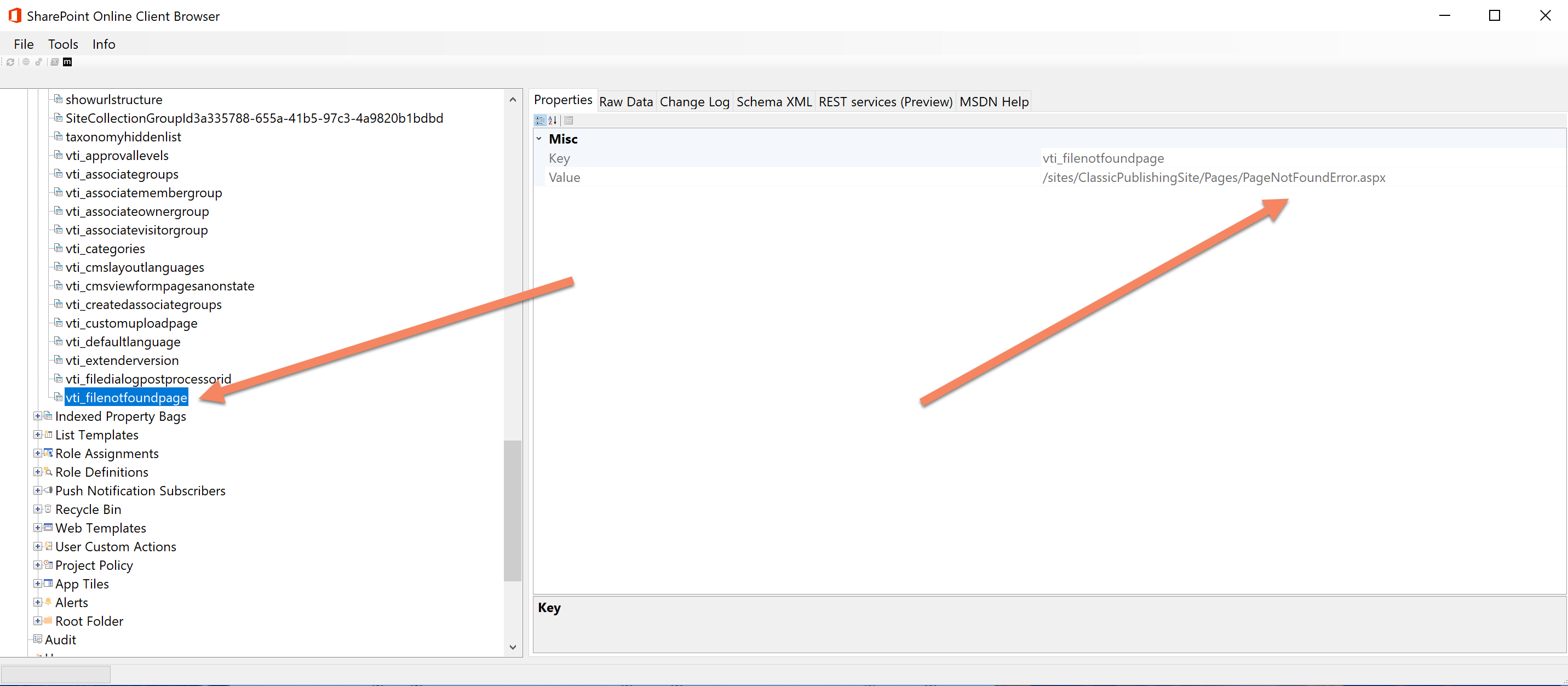 SharePoint Online client browser with arrows pointing at the vti_filenotfound in the property bag