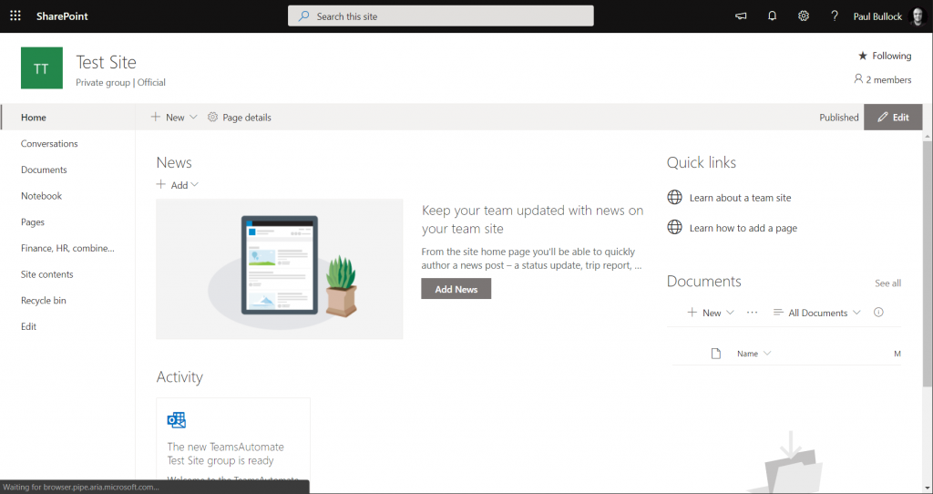 Screenshot of an English modern SharePoint site
