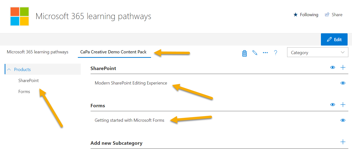 Screenshot of the loaded content pack in the admin centre