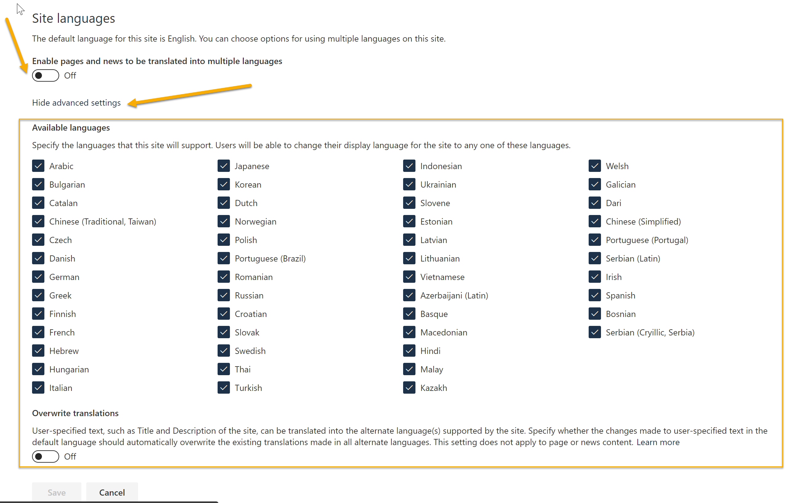 Screenshot of selecting a new language option from site settings