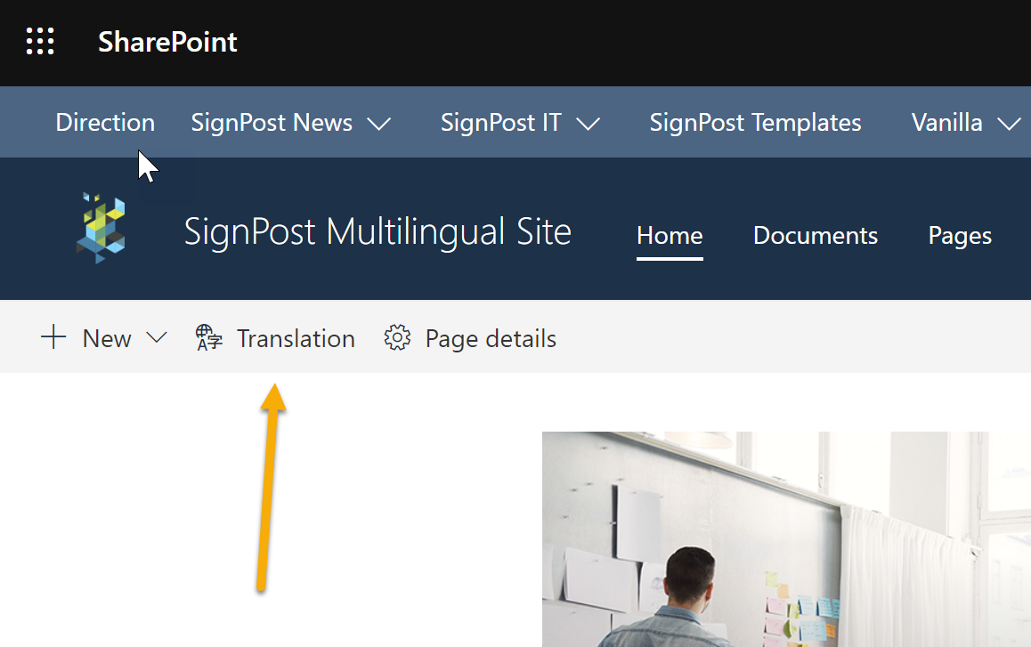 Screenshot of when multi-lingual features are enabled, new options appear on the modern editing bar