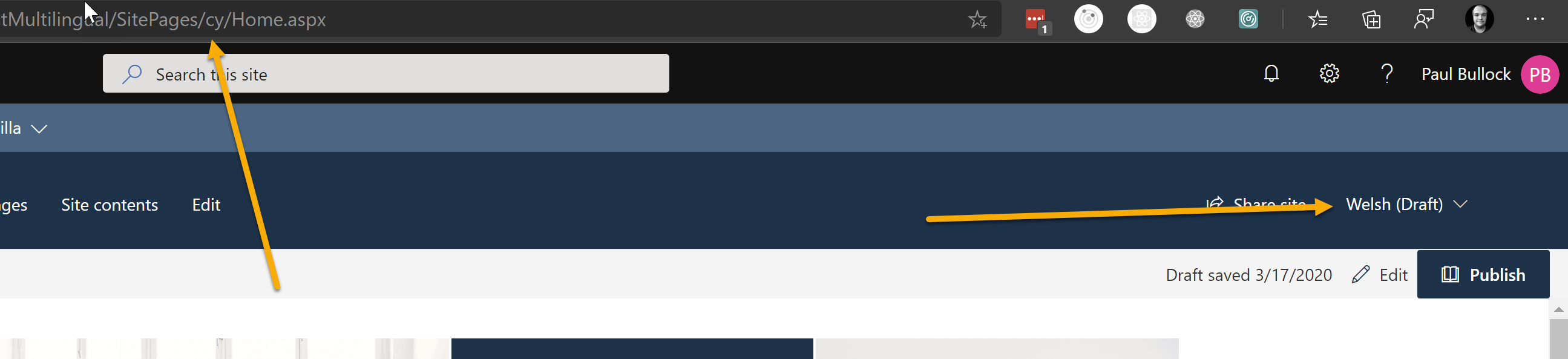 Screenshot showing the URL structure of where the new page is created