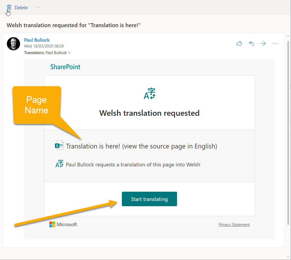Screenshot of the notification email this is received when the translation groups gets a notification