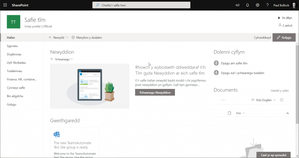 Screenshot of an Welsh modern SharePoint site