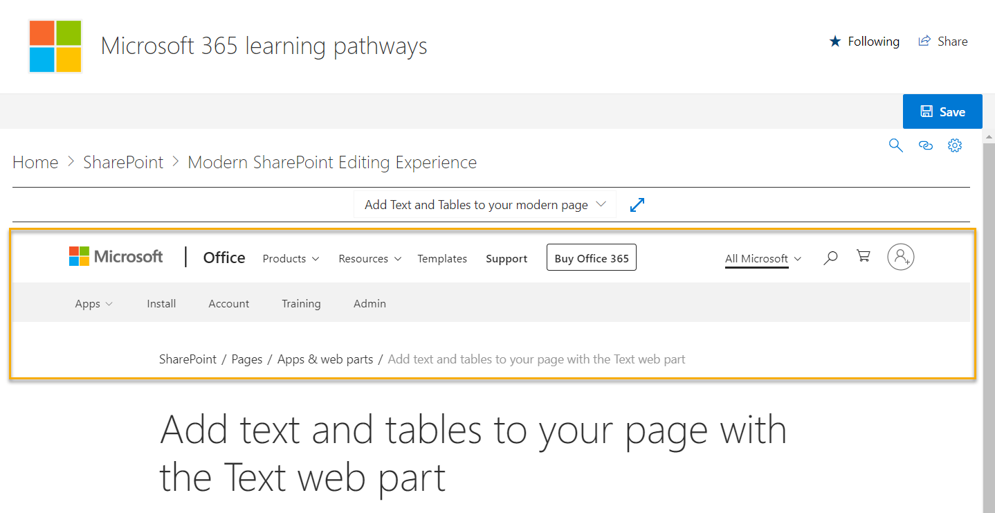 Support page showing in frame with page chrome
