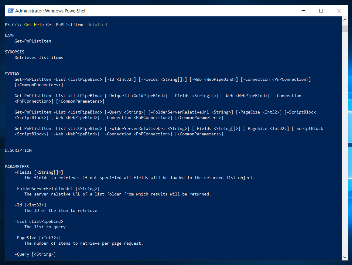 Screenshot of the output of Get PnP List Item - Detailed cmdlet