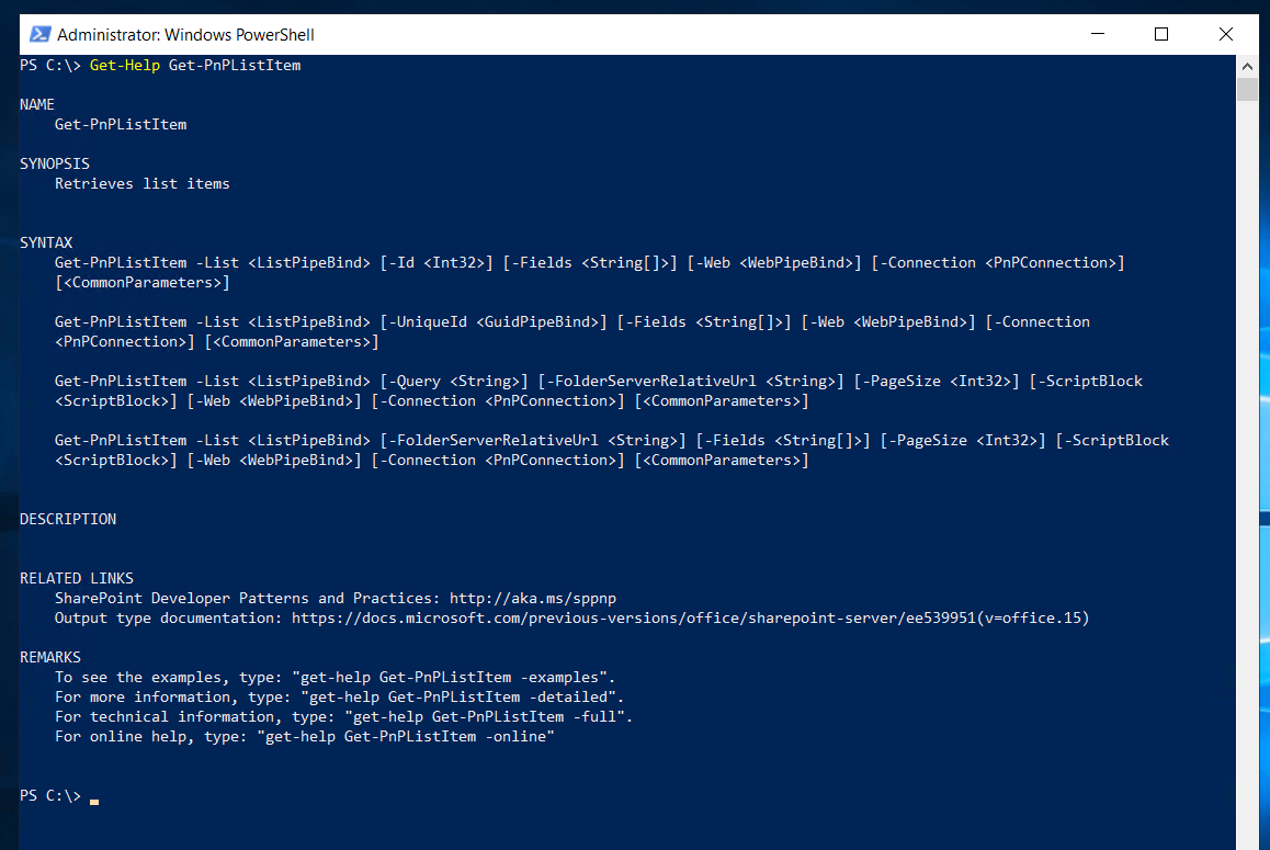 Screenshot of the output of Get PnP List Item cmdlet
