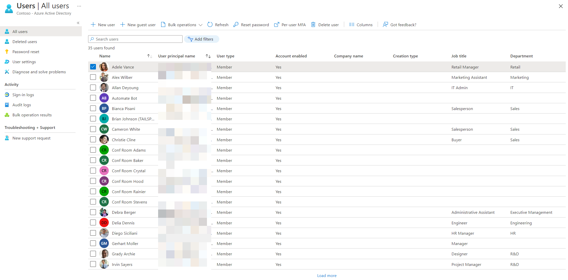 Azure AD - Example set of users