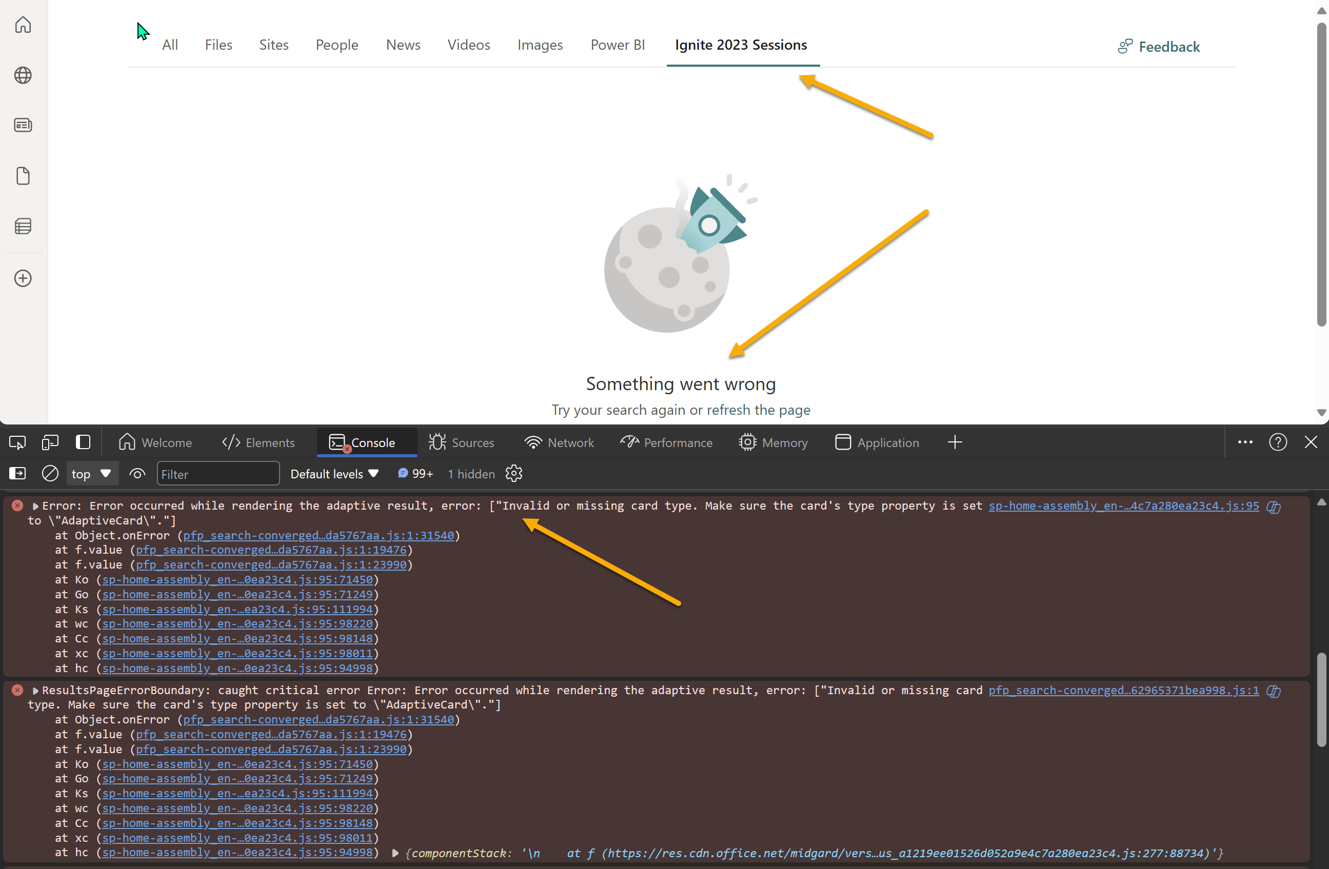 Microsoft Search with faulty adaptive card