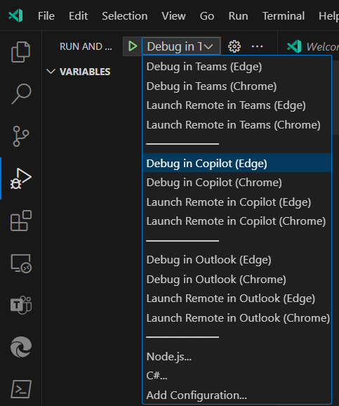 Teams Toolkit Debug Options