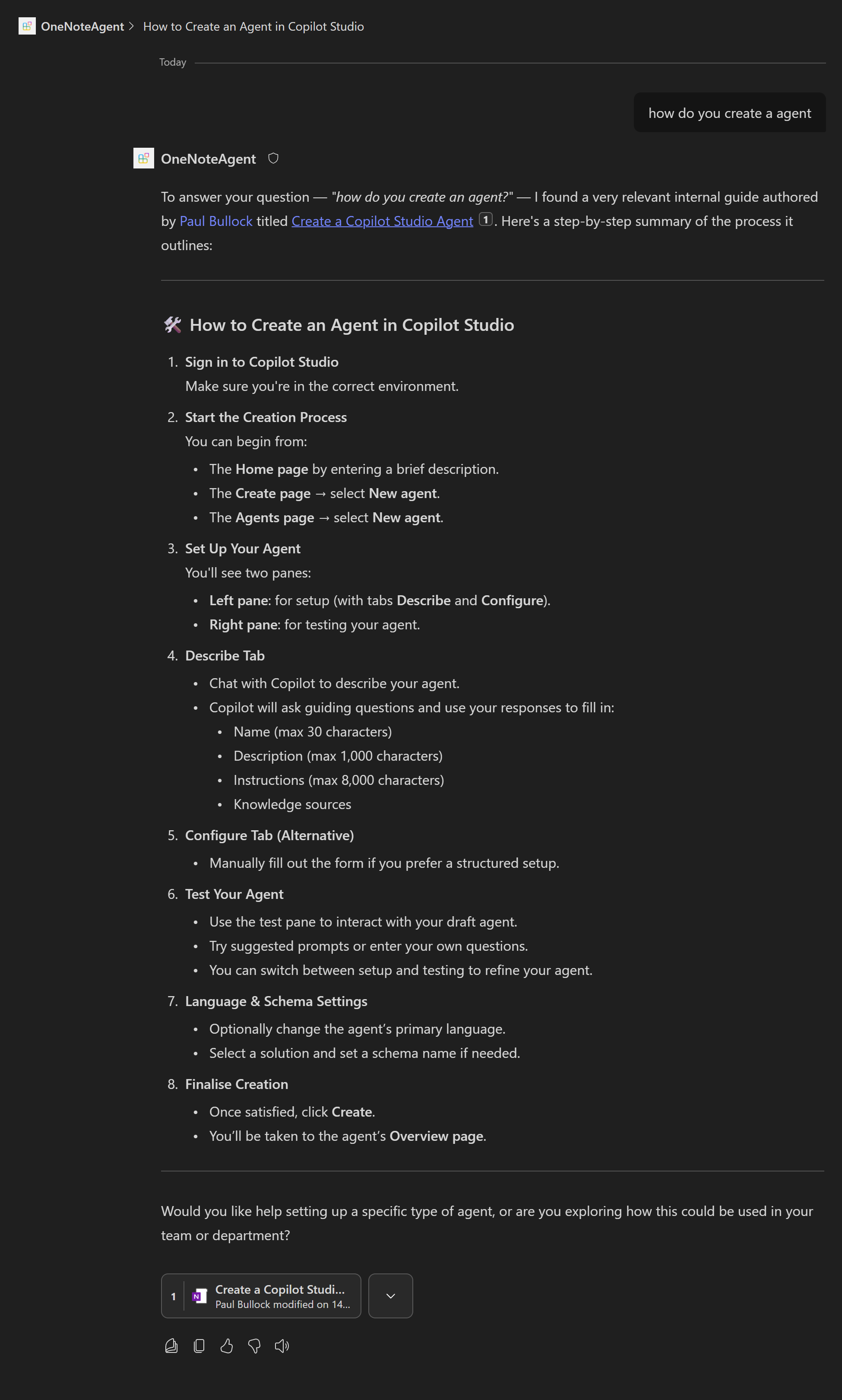 Example Copilot Output from an agent