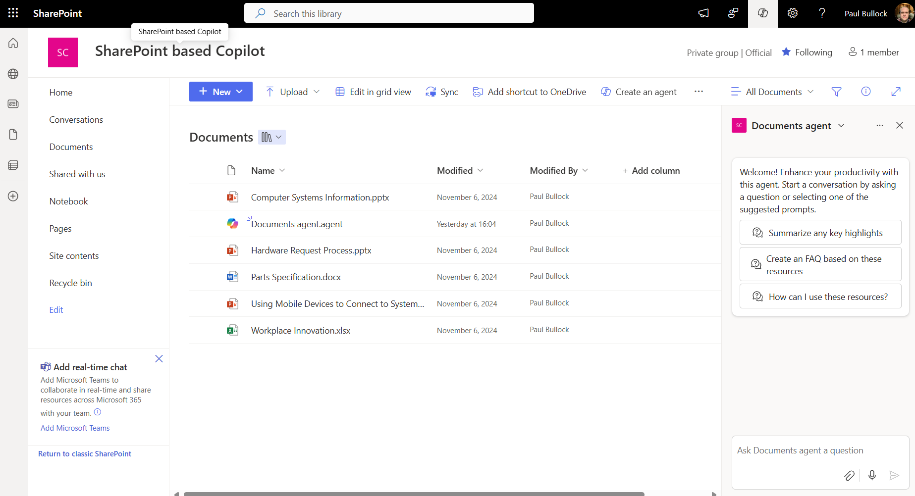 Agents in SharePoint Starting Point in a Document library screenshot