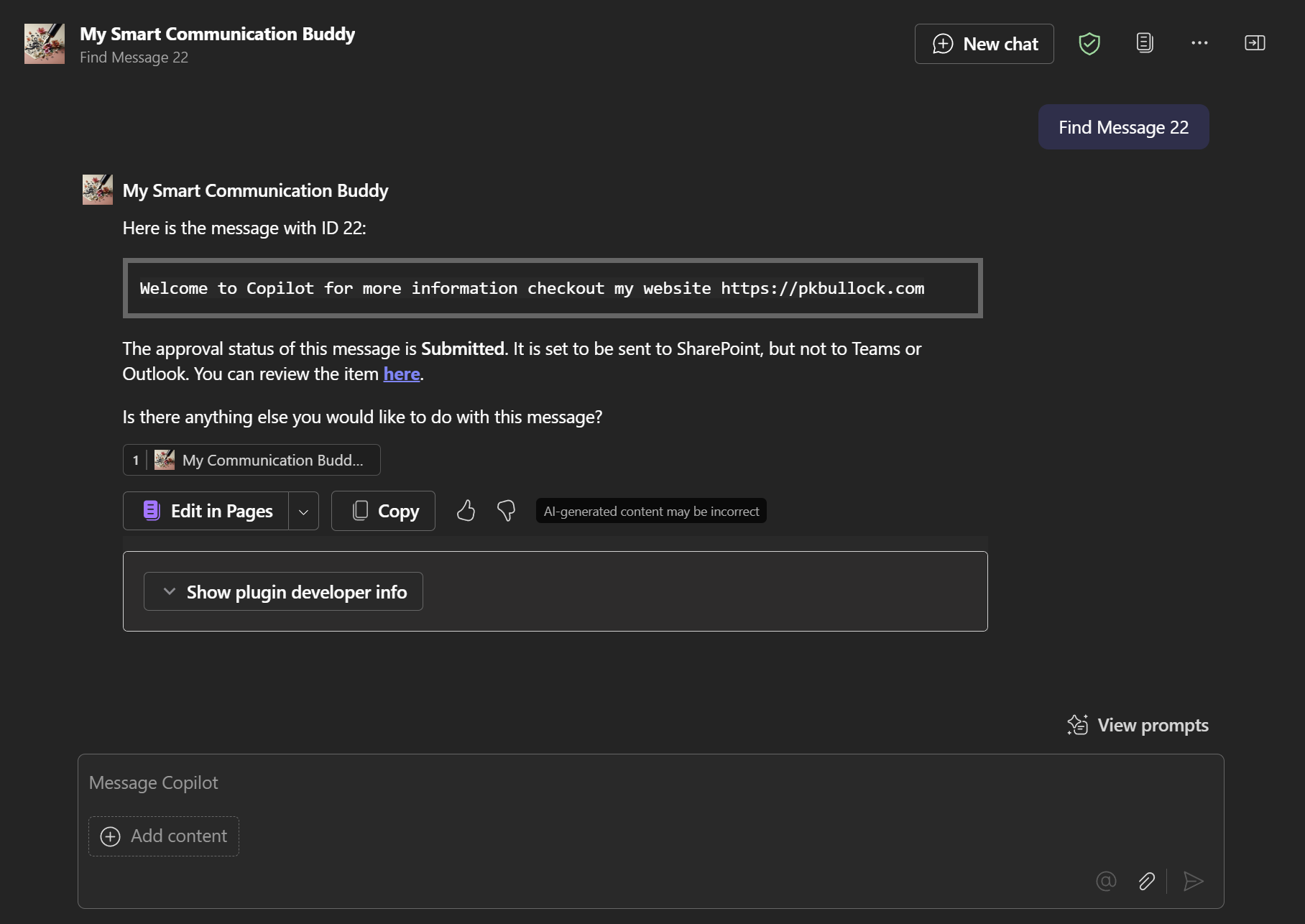 Image of the final result showing the agent responding to prompts