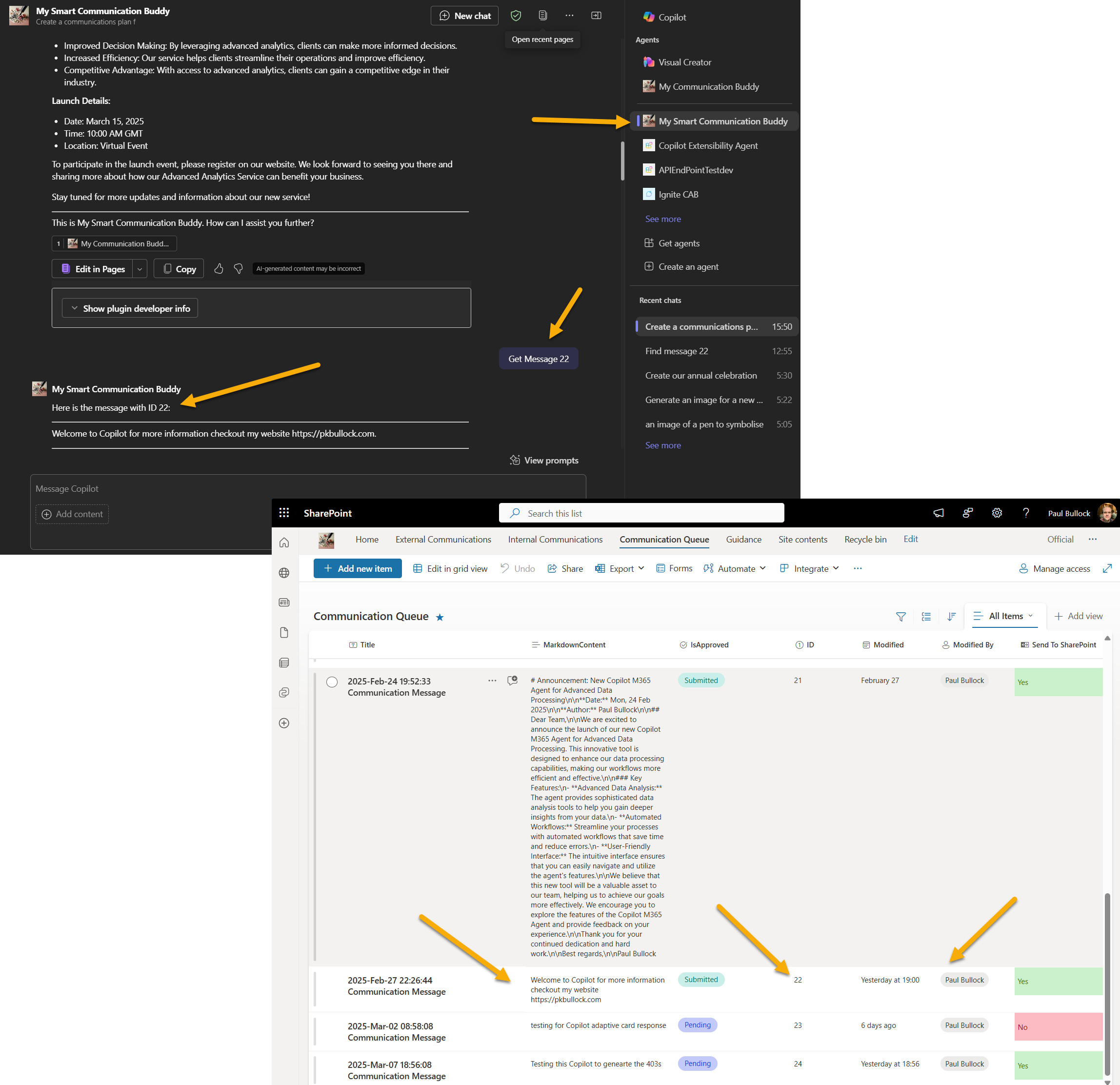 Combined image of Copilot Agent and SharePoint site