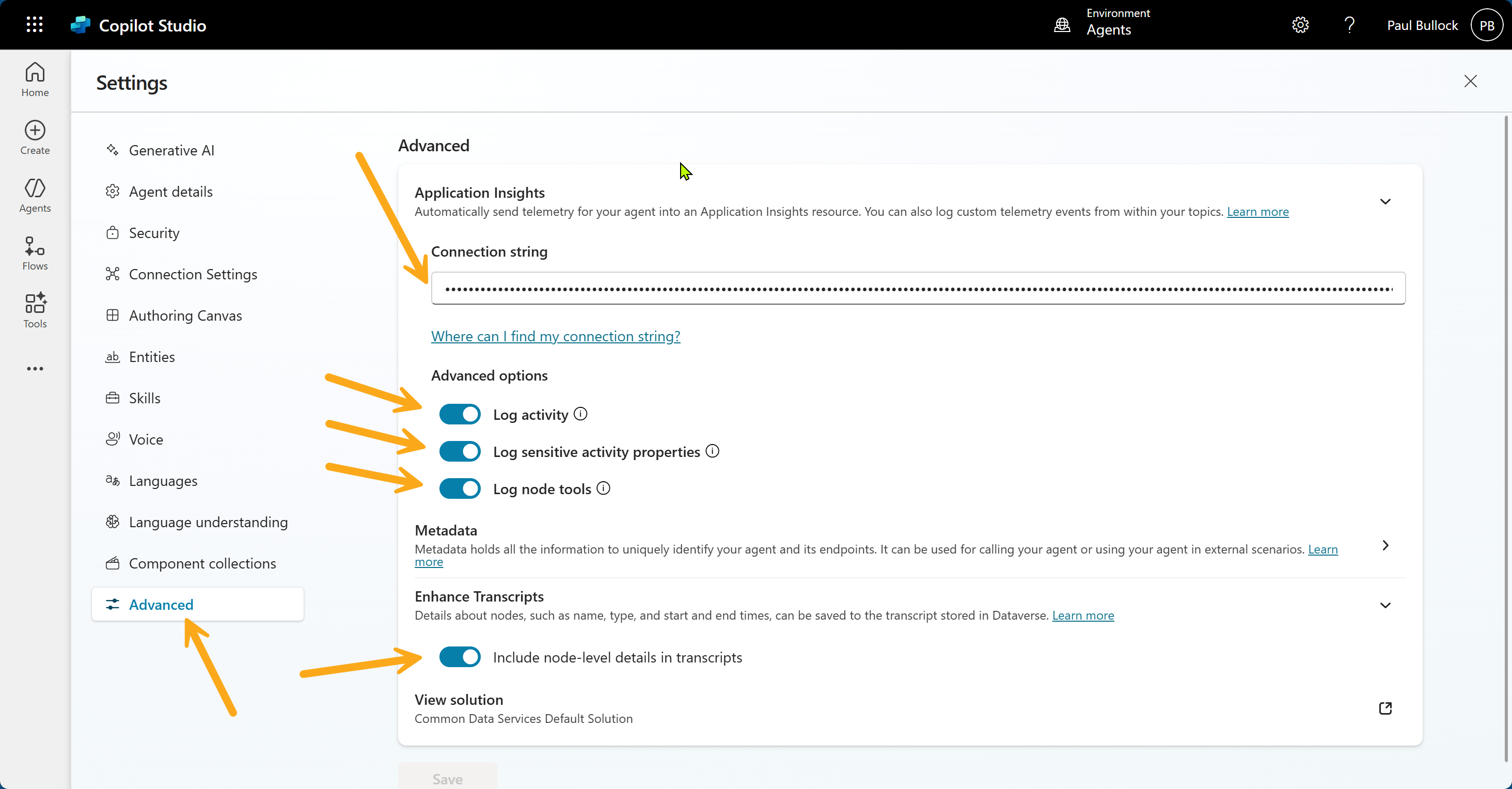 Capture settings for Application Insights