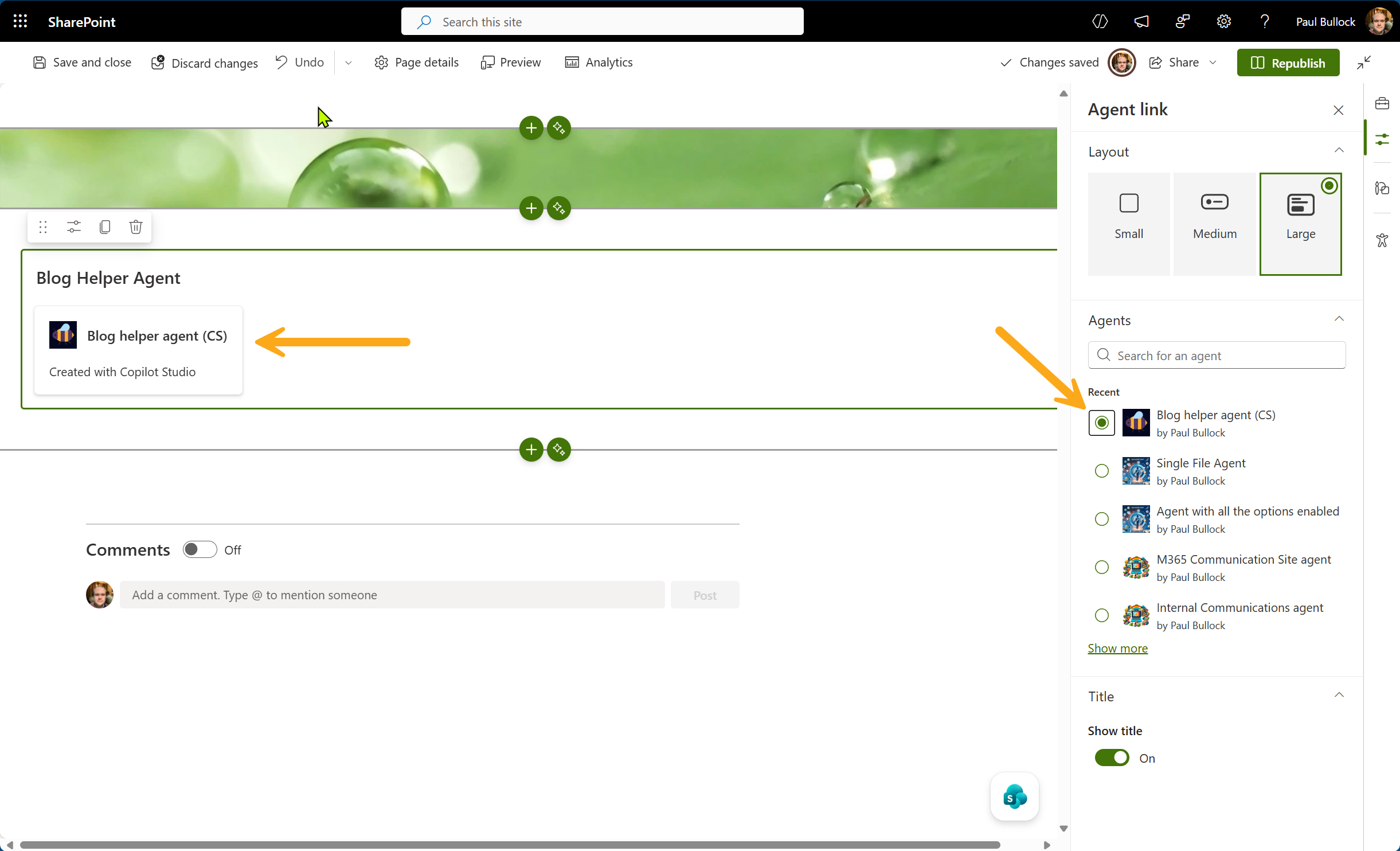 Insert an agent settings into a web part