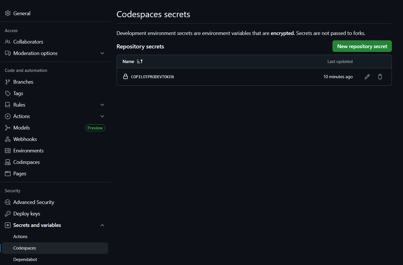Add Secret to repository hosting the code space