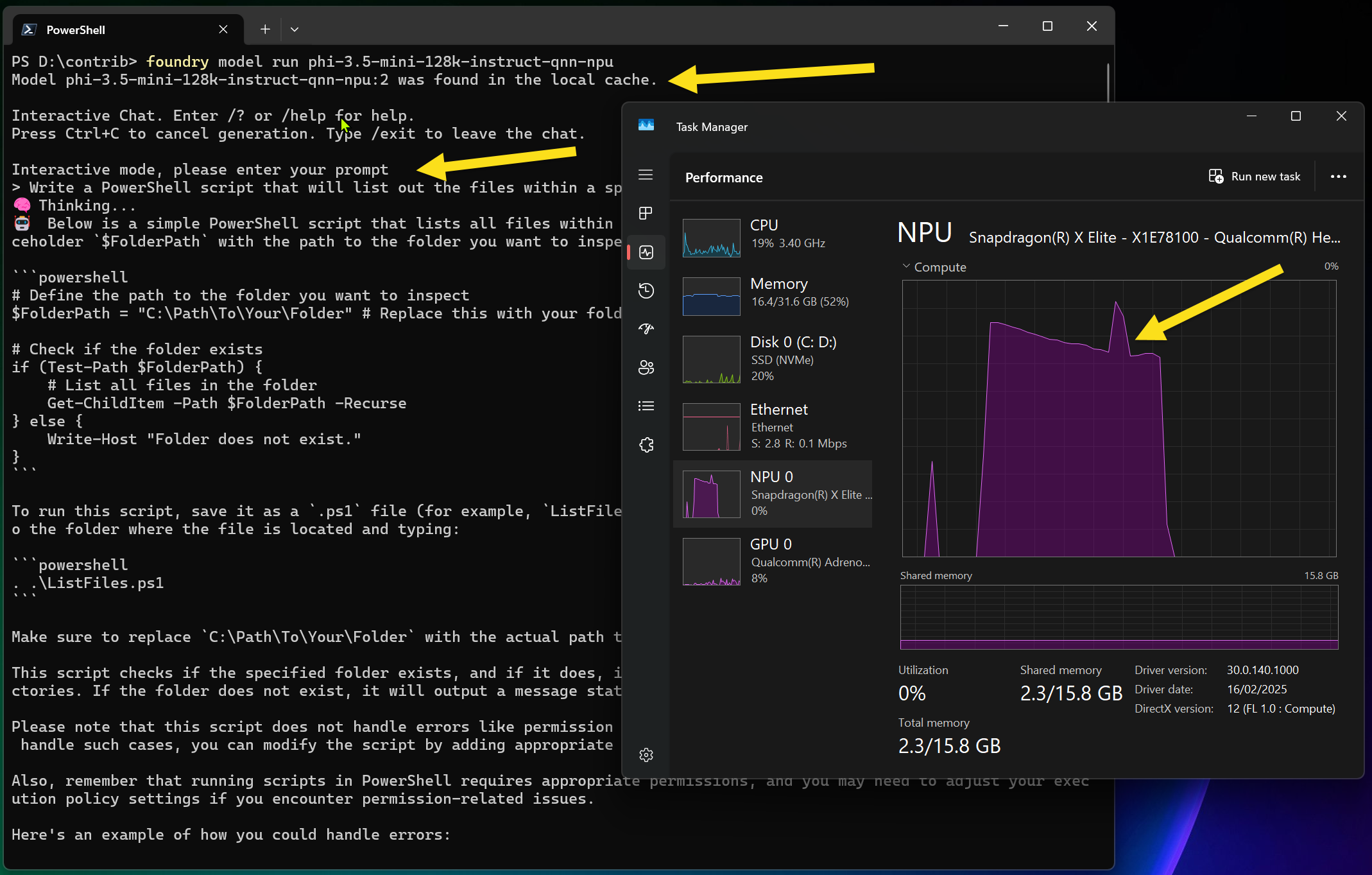 Screenshot of the AI Foundry running the model on the NPU with Task Manager showing a spike in NPU usage
