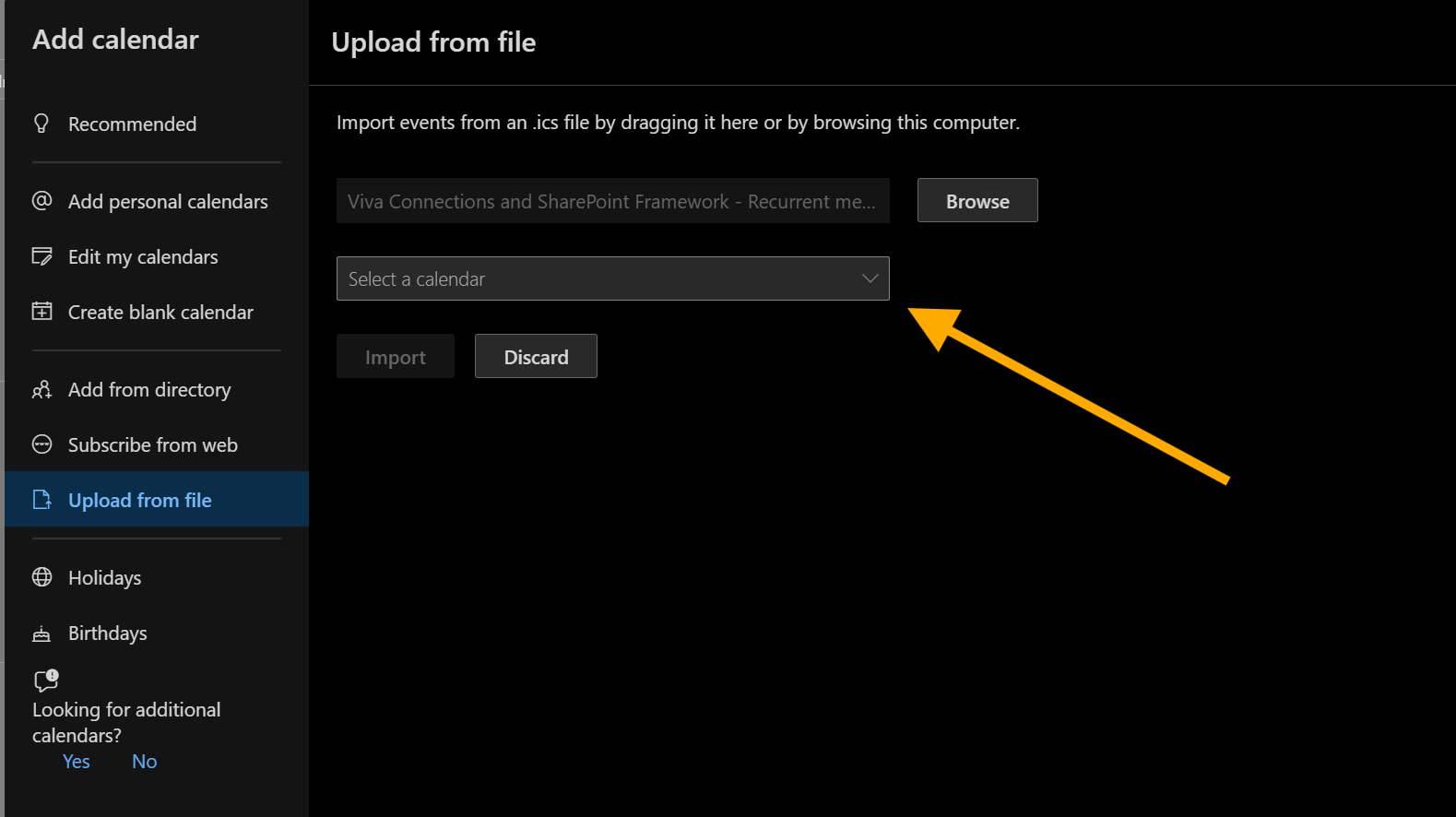 Select Calendar on ICS Import