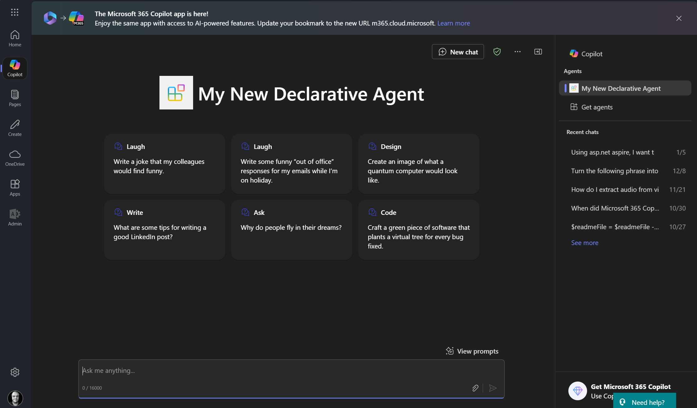 The vanilla agent working in Microsoft 365 Copilot Chat