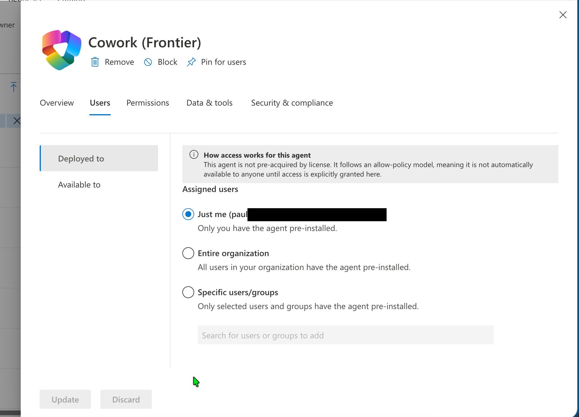 Cowork agent Users tab in the Microsoft 365 admin center showing deployment scope options — Just me, Entire organization, or Specific users/groups