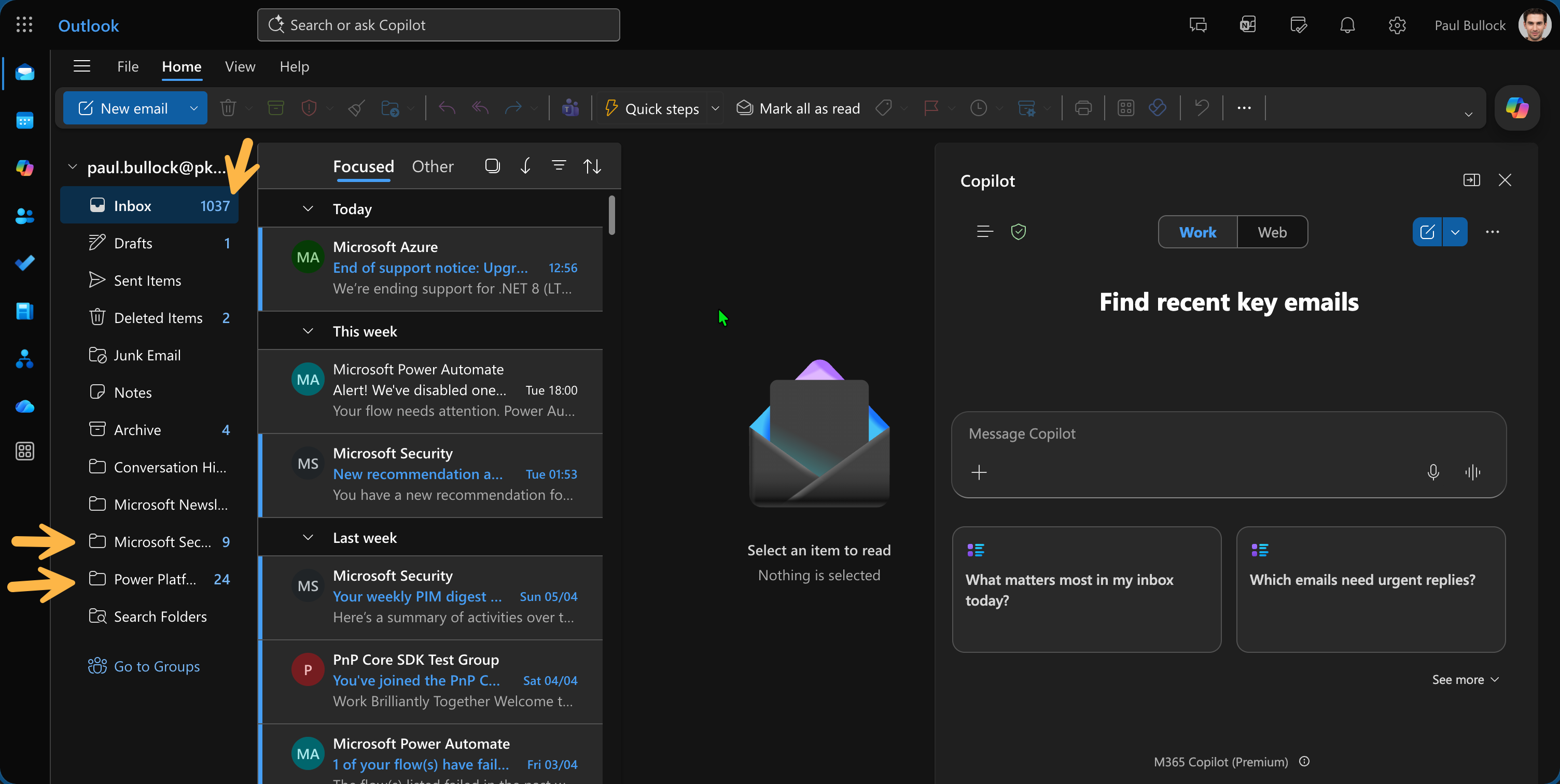 Outlook inbox showing folders created by Cowork after completing the email organisation task