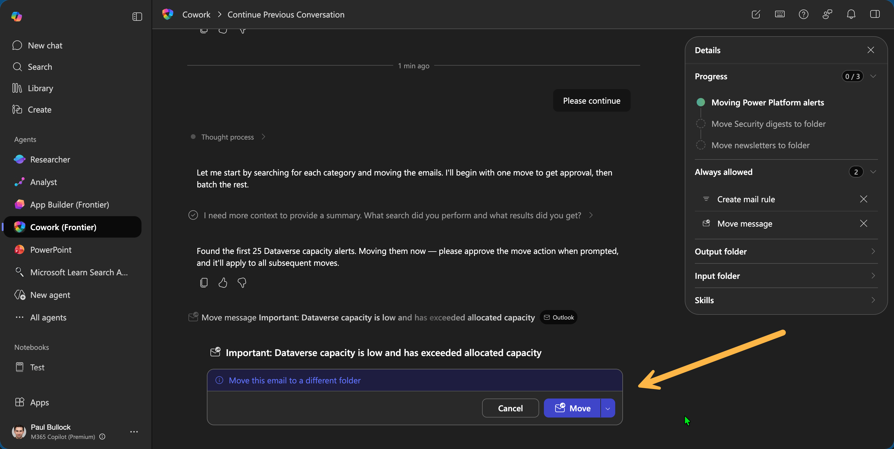 Cowork requesting approval before moving an email to a different folder during an inbox organisation task