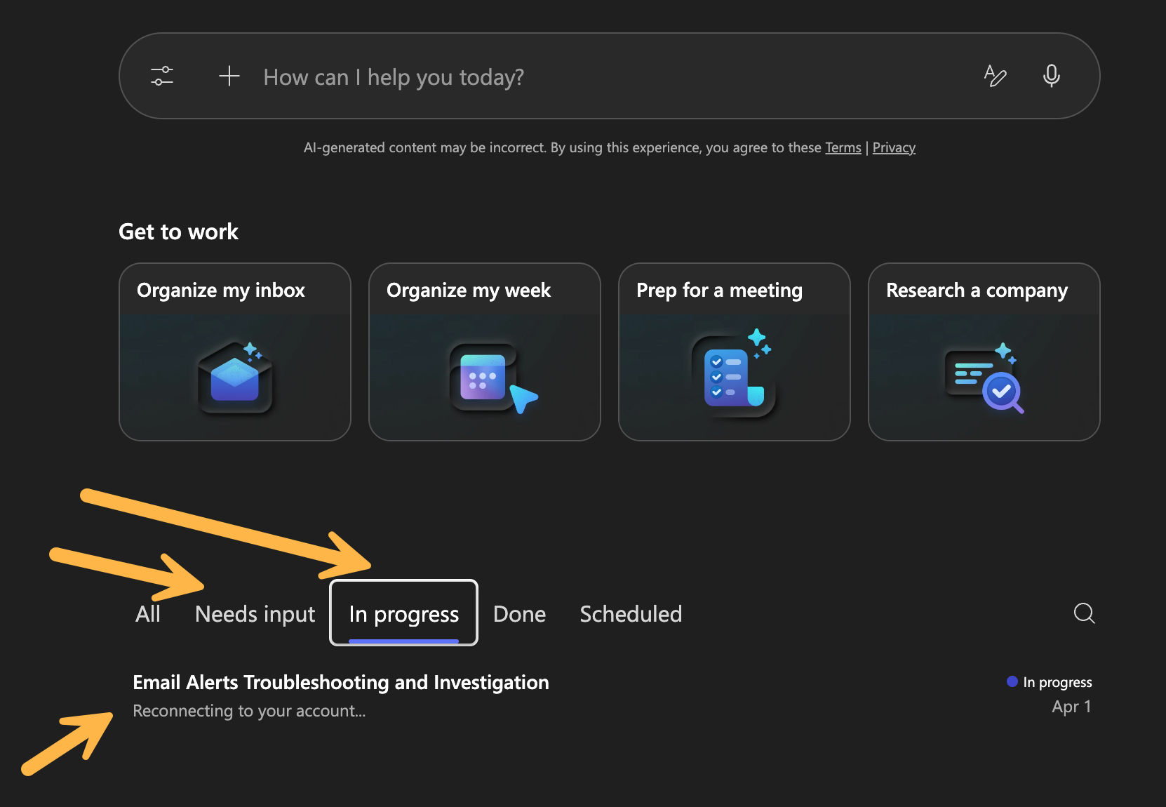 Cowork agent task status showing, all, needs input, processing and done.