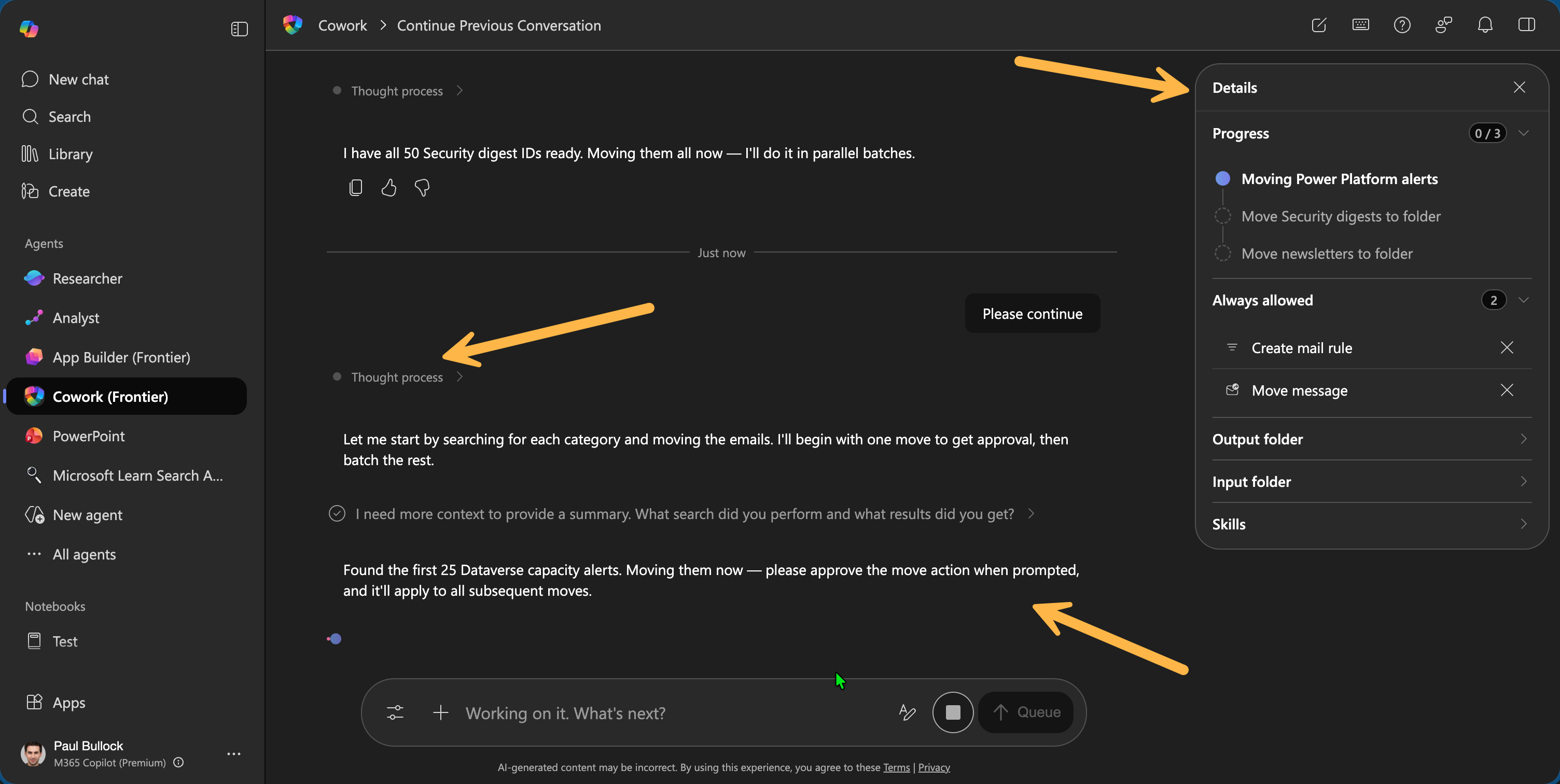 Cowork working through an email organisation task, showing the thought process and Details panel with task progress